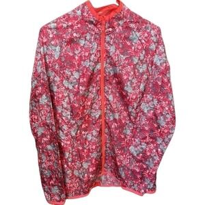 Mizuno Womens Large Full Zip Windbreaker Jacket Pink Red Abstract Floral Ripstop
